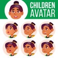 Arab, Muslim Girl Avatar Set Kid Vector. High School. Face Emotions. Flat, Portrait. Youth. Cartoon Head Illustration