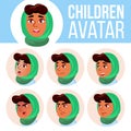 Arab, Muslim Girl Avatar Set Kid Vector. Primary School. Face Emotions. Emotions, Emotional. Friendly, Weeping. Cartoon