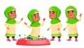 Arab, Muslim Girl Kindergarten Kid Poses Set Vector. Active, Joy Preschooler Playing. For Presentation, Print