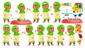 Arab, Muslim Girl Kindergarten Kid Poses Set Vector. Caucasian Child Expression. Activity. For Banner, Flyer, Web Design