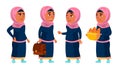 Arab, Muslim Girl School, Girl Kid Poses Set Vector. Teenager, Classroom, Room. For Advertising, Booklet, Placard Design