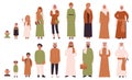 Arab muslim man and woman different ages. Human life stages, childhood, youth, adulthood, enility