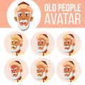 Arab, Muslim Old Man Avatar Set Vector. Face Emotions. Senior Person Portrait. Elderly People. Aged. Facial, People