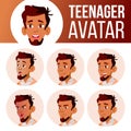 Arab, Muslim Teen Boy Avatar Set Vector. Face Emotions. User, Character. Fun, Cheerful. Cartoon Head Illustration