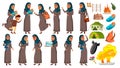 Arab, Muslim Teen Girl Poses Set Vector. Refugee, War, Bomb, Explosion, Panic. For Web Design. Isolated Cartoon
