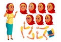 Arab, Muslim Teen Girl Vector. Teenager. Funny. Online Consultant. Worker. Face Emotions, Various Gestures. Animation