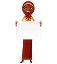 Arab muslim woman standing holding blank sign isolated on white Royalty Free Stock Photo