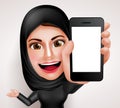 Arab muslim woman vector character holding mobile phone with blank screen