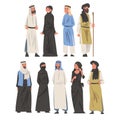 Arab People Character Standing in Traditional Muslim Dress and Long Flowing Garment Vector Set Royalty Free Stock Photo