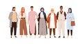 Arab people in modern outfits. Group portrait of Muslim Arabian man and woman in stylish clothes and headwear. Oriental