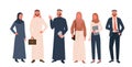 Arab people set, happy saudi woman, man in modern and traditional muslim clothes standing