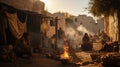 Arab people sit in courtyard of houses near destroyed buildings during war, city street in Middle East. Concept of poor life,