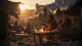 Arab people sit in refugee camp at sunset, poor life near destroyed buildings during war, city street in Middle East. Concept of