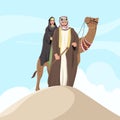 Arab prince and princess. fairy tale. Walking on the desert with camel