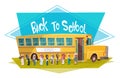 Arab Pupils Group Walking To Yellow Bus Riding Back To School Muslim Schoolchildren 1 September