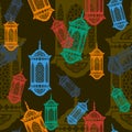 Arab Ramadan Lamp Vector Illustration Dark Background Seamless Pattern