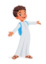 Arab school boy greeting with wide open arms. Cartoon vector illustration.