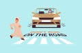 arab schoolboy running on crosswalk and driver stops car immediately don't run on road concept