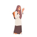 Arab Schoolgirl Wear National Dress and Rucksack Go School Isolated on White Background. Arabic Student