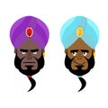 Arab sheikh. Angry Arab sheikh. Cheerful Arabic man wearing turban. Turban- National Arabic headdress. Good and evil emir Royalty Free Stock Photo