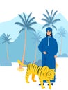 Arab sheikh with pet tiger. In minimalist style Cartoon flat Vector