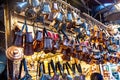 Arab souvenir shop with copper utensils: teapots, coffee pots and other utensils Royalty Free Stock Photo