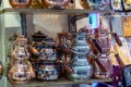 Arab souvenir shop with copper utensils: teapots, coffee pots and other utensils Royalty Free Stock Photo