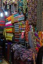 Arab store selling a variety of fabrics, Fabric in rolls Royalty Free Stock Photo