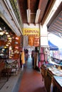 Colorful `five-foot way` passage along a row of conserved shophouses in Arab Street, Singapore Royalty Free Stock Photo