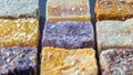 Arab sweets background. Assorted turkish delight candies. Royalty Free Stock Photo