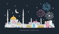 Arab town with mosque, houses, palace and minaret towers. Night sky with moon, stars and fireworks. Muslim holiday