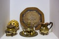 Arab traditional old antique items. Brass coffee pot,cups,plates and trays