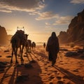 Arab travelers in the desert riding camels and horses with realistic and beautiful backgrounds Royalty Free Stock Photo