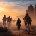 Arab travelers in the desert riding camels and horses with realistic and beautiful backgrounds Royalty Free Stock Photo