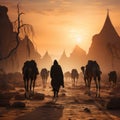 Arab travelers in the desert riding camels and horses with realistic and beautiful backgrounds Royalty Free Stock Photo