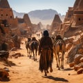 Arab travelers in the desert riding camels and horses with realistic and beautiful backgrounds Royalty Free Stock Photo