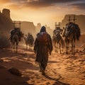 Arab travelers in the desert riding camels and horses with realistic and beautiful backgrounds Royalty Free Stock Photo