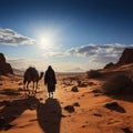 Arab travelers in the desert riding camels and horses with realistic and beautiful backgrounds Royalty Free Stock Photo