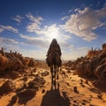 Arab travelers in the desert riding camels and horses with realistic and beautiful backgrounds Royalty Free Stock Photo