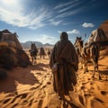 Arab travelers in the desert riding camels and horses with realistic and beautiful backgrounds Royalty Free Stock Photo