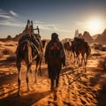 Arab travelers in the desert riding camels and horses with realistic and beautiful backgrounds Royalty Free Stock Photo