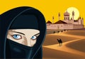 Arab woman against the palace in the desert.