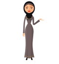 Arab woman in black hijab presenting something cartoon vector illustration isolated on a white background