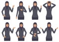 arab woman character expressions with hands gesture, cartoon muslim businesswoman