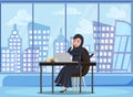 Arab woman character vector background design. Arabian female office businesswoman in working and sitting pose and gesture.