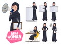 Arab woman character vector set. Arabian female characters in speaking, announcing and presenting pose and gesture for arabic lady