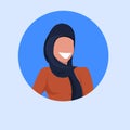 Arab woman face avatar happy arabic girl wearing black hijab muslim female cartoon character portrait flat blue