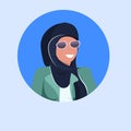 Arab woman face avatar happy arabic girl wearing hijab and sunglasses muslim female cartoon character portrait flat blue