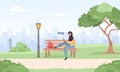 Arab woman freelancer. Girl in hijab with laptop sitting in park. Concept illustration for working outdoors, studying