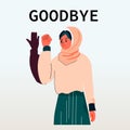 arab woman with hearing aid disabled girl using sign language showing goodbye gesture hearing disability concept